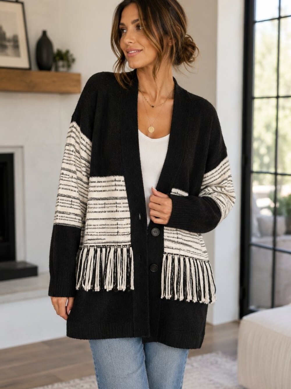 Peace Love World Cozy Fringe Open Front Cardigan Sweater Black & Ivory Large